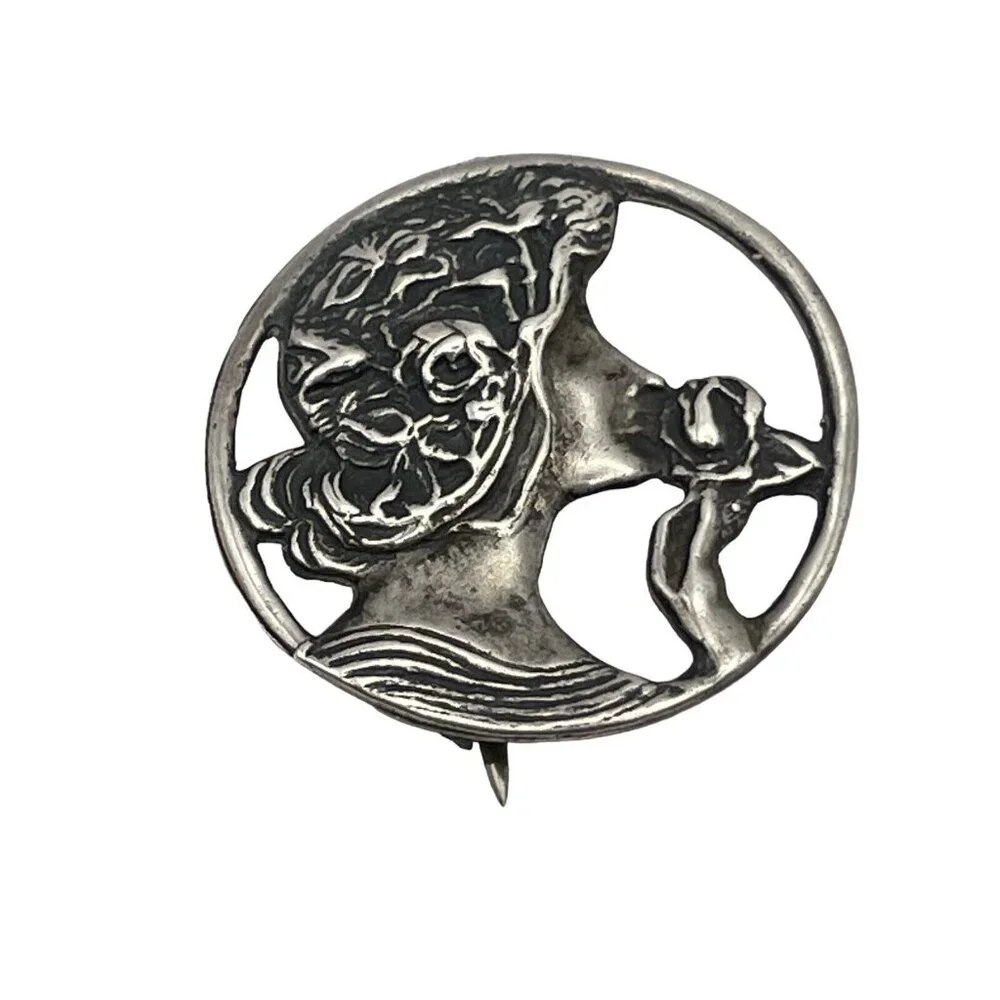 VTG Art Deco‎ Nouveau Style Goddess Women Flower 925 Silver Brooch Pendant READ